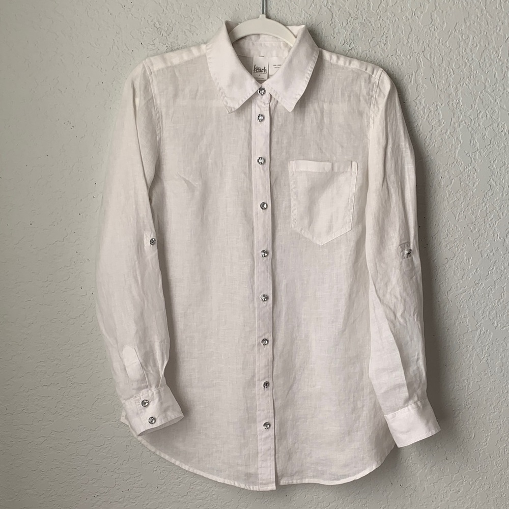 INC Beach White Casual Linen Glass Button-Down Long RollTab Sleeve Shirt Size 4
